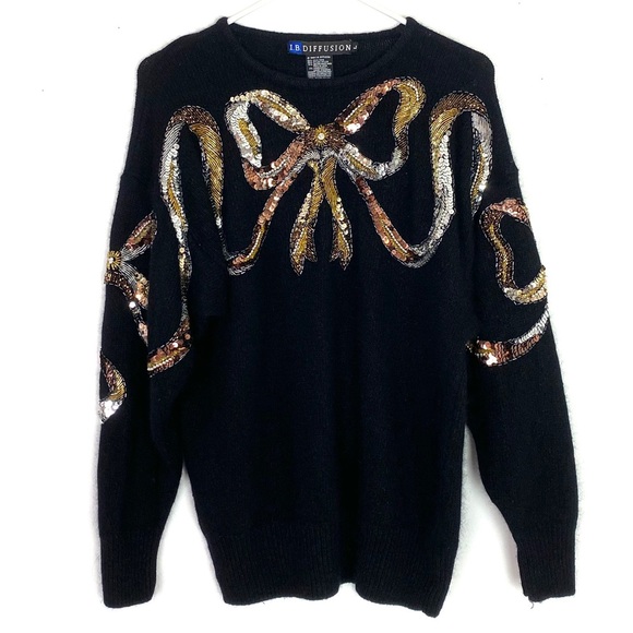 Vintage Sweaters - Vintage 80s Glamorous Bow Ribbon Beaded Sweater L